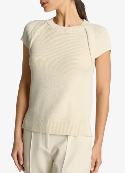 Outlet St. John Cap Sleeve Rib Knit Top Ecru