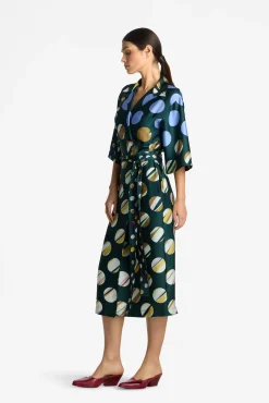 Discount St. John Collage Dot Belted Wrap Dress Spruce Multi