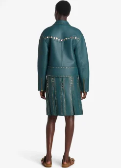 Sale St. John Doubleface Leather Embellished Jacket Prussian Blue