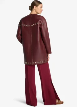 Discount St. John Embellished Doubleface Leather Coat Dark Cranberry