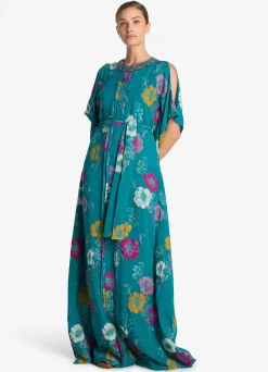 New St. John Floral Fil Coupé Kaftan Gown Bright Teal Multi