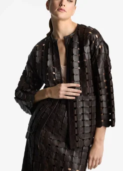 Online St. John Geometric Weave Leather Coat Mocha