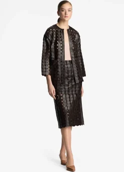 Clearance St. John Geometric Weave Leather Skirt Mocha