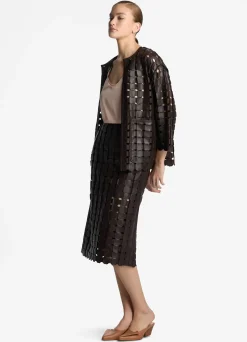 Clearance St. John Geometric Weave Leather Skirt Mocha