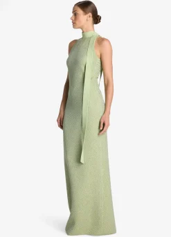 Best St. John Halter Stretch Sequin Twill Knit Gown Chartreuse/Mint Multi