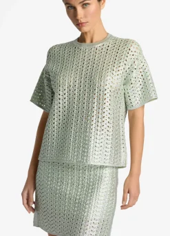 Clearance St. John Lacquered Crochet Knit Top Pale Lime