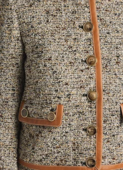 New St. John Leather Trim Multicolor Boucle Tweed Jacket Camel/Ecru Multi