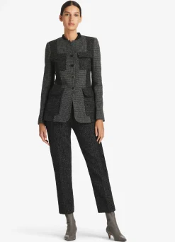 Best St. John Micro Pattern Tweed Patched Jacket Dark Heather Gray/Ecru/Black Multi