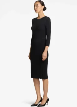 New St. John Mixed Rib 3/4 Sleeve Dress Black