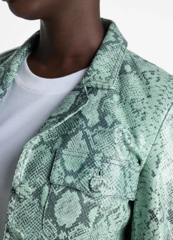 Outlet St. John Nappa Leather Snake Print Jacket Dusty Aqua Snake