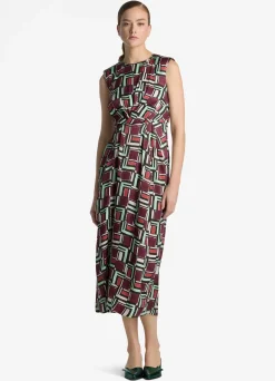 New St. John Painted Geo Print Dress Dark Claret Multi