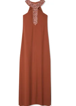 Outlet St. John Satin Back Crepe Embellished Collar Dress Brick/Cranberry Multi