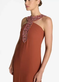 Outlet St. John Satin Back Crepe Embellished Collar Dress Brick/Cranberry Multi