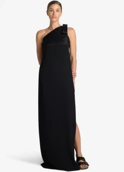 Discount St. John Satin Back Crepe One Shoulder Gown Black