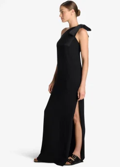 Discount St. John Satin Back Crepe One Shoulder Gown Black