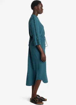 New St. John Satin Back Crepe Zip Front Dress Prussian Blue