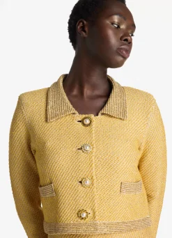 Hot St. John Sequin Stretch Twill Knit 3/4 Sleeve Jacket Golden Rod/Light Khaki Multi