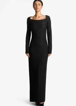 Discount St. John Sequin Twill Knit Square Neck Gown Black