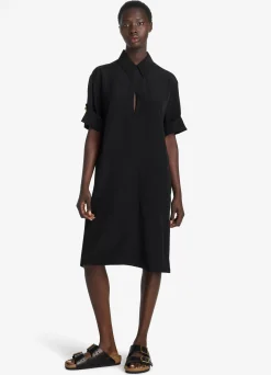 Clearance St. John Silk Crepe De Chine Keyhole Shirt Dress Black