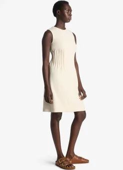 St. John Stretch Crepe Cinched Waist Dress Ecru