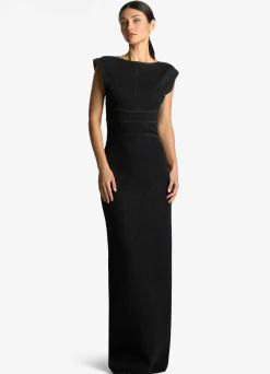 St. John Stretch Lurex Piqué Cap Sleeve Gown Black