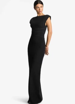 St. John Stretch Lurex Piqué Cap Sleeve Gown Black