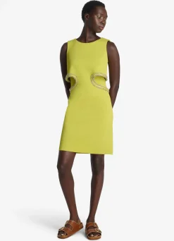 Sale St. John Stretch Viscose Cut-Out Top Frame Dress Chartreuse