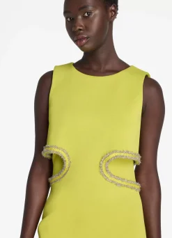 Sale St. John Stretch Viscose Cut-Out Top Frame Dress Chartreuse