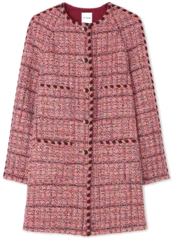 St. John Textured Slub Tweed Long Jacket Cranberry/Ecru/Brick Multi