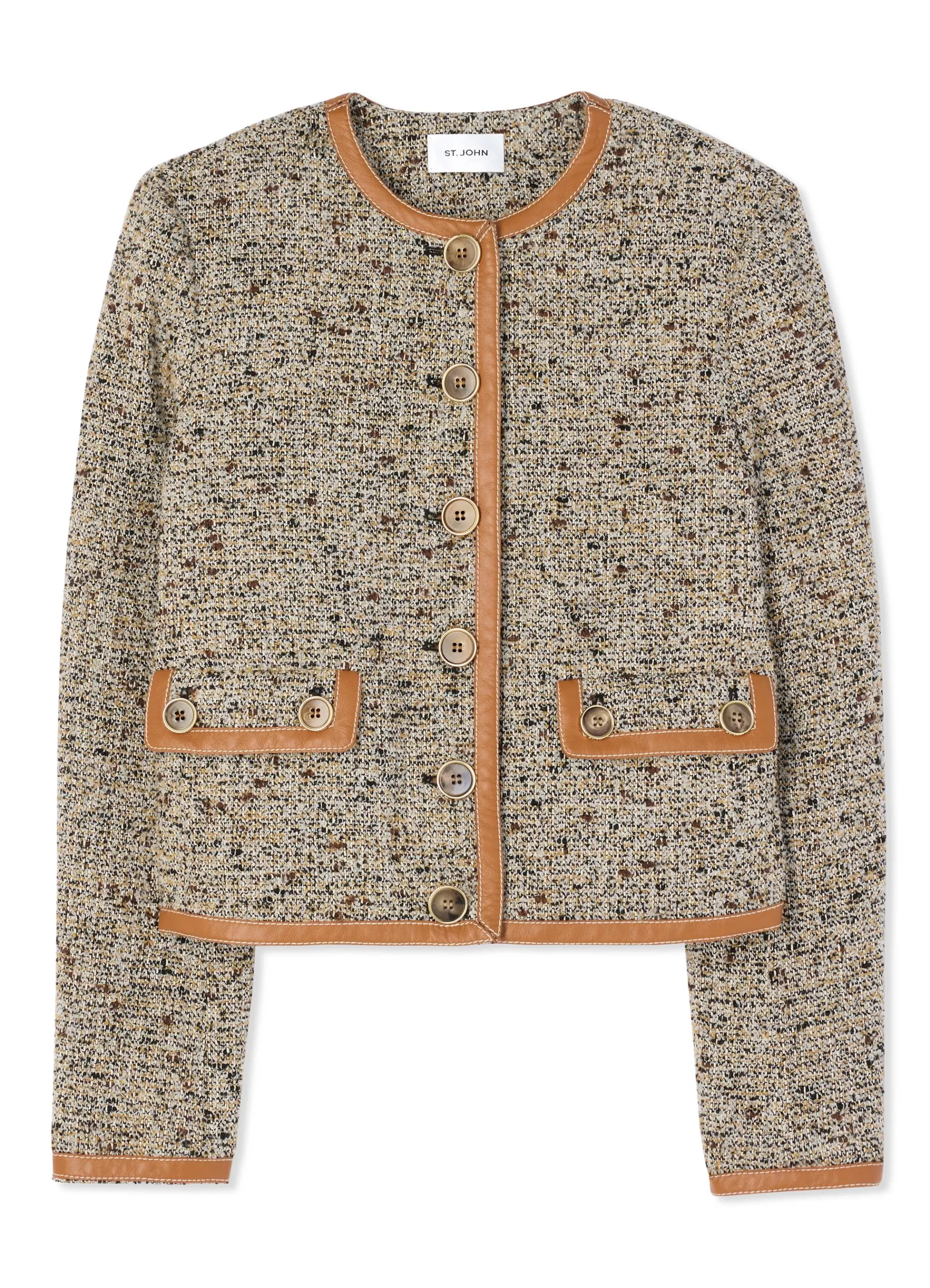 St. John Leather Trim Multicolor Boucle Tweed Jacket | LIGHT JACKETS | JACKETS
