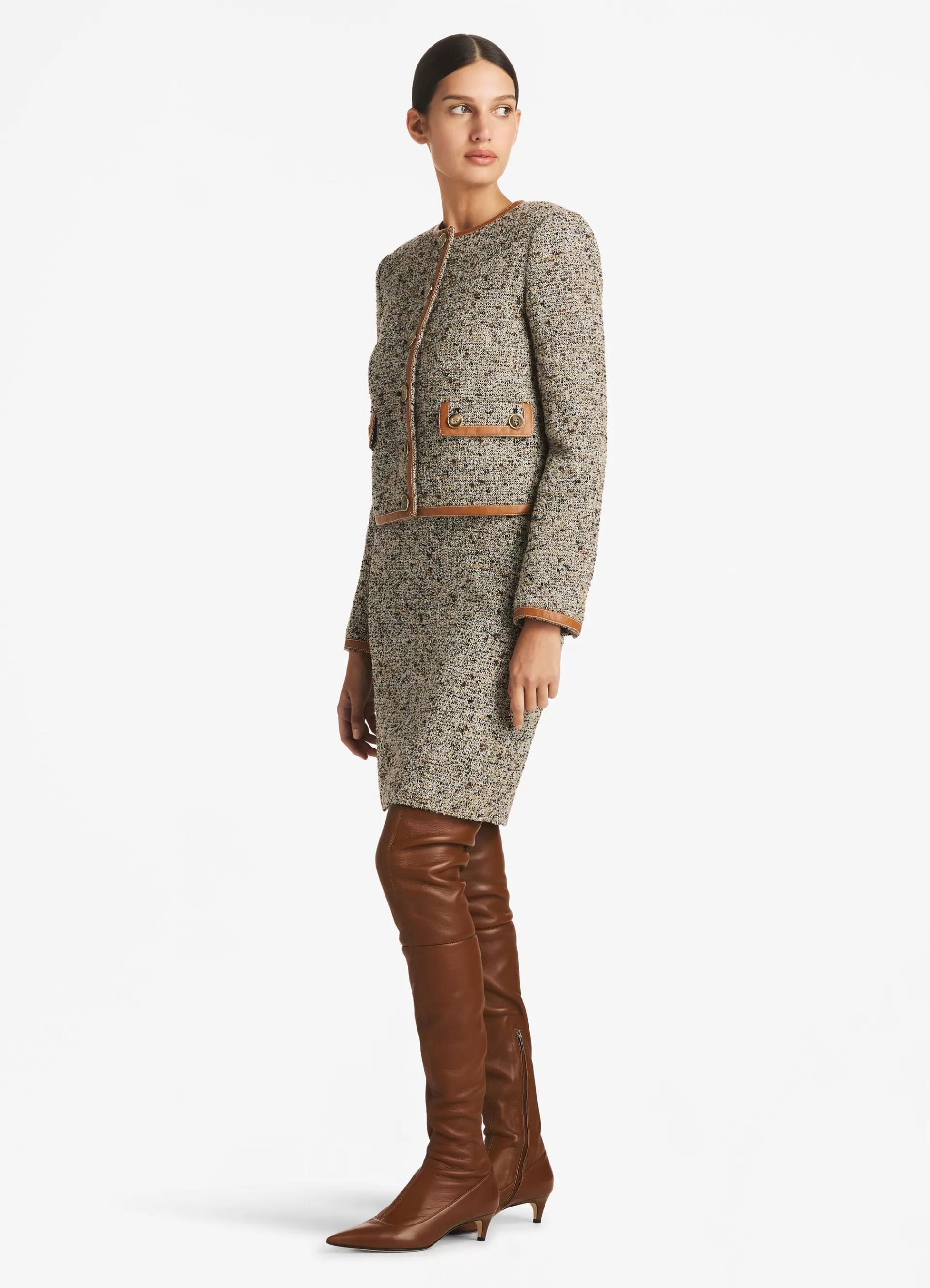 St. John Leather Trim Multicolor Boucle Tweed Jacket | LIGHT JACKETS | JACKETS