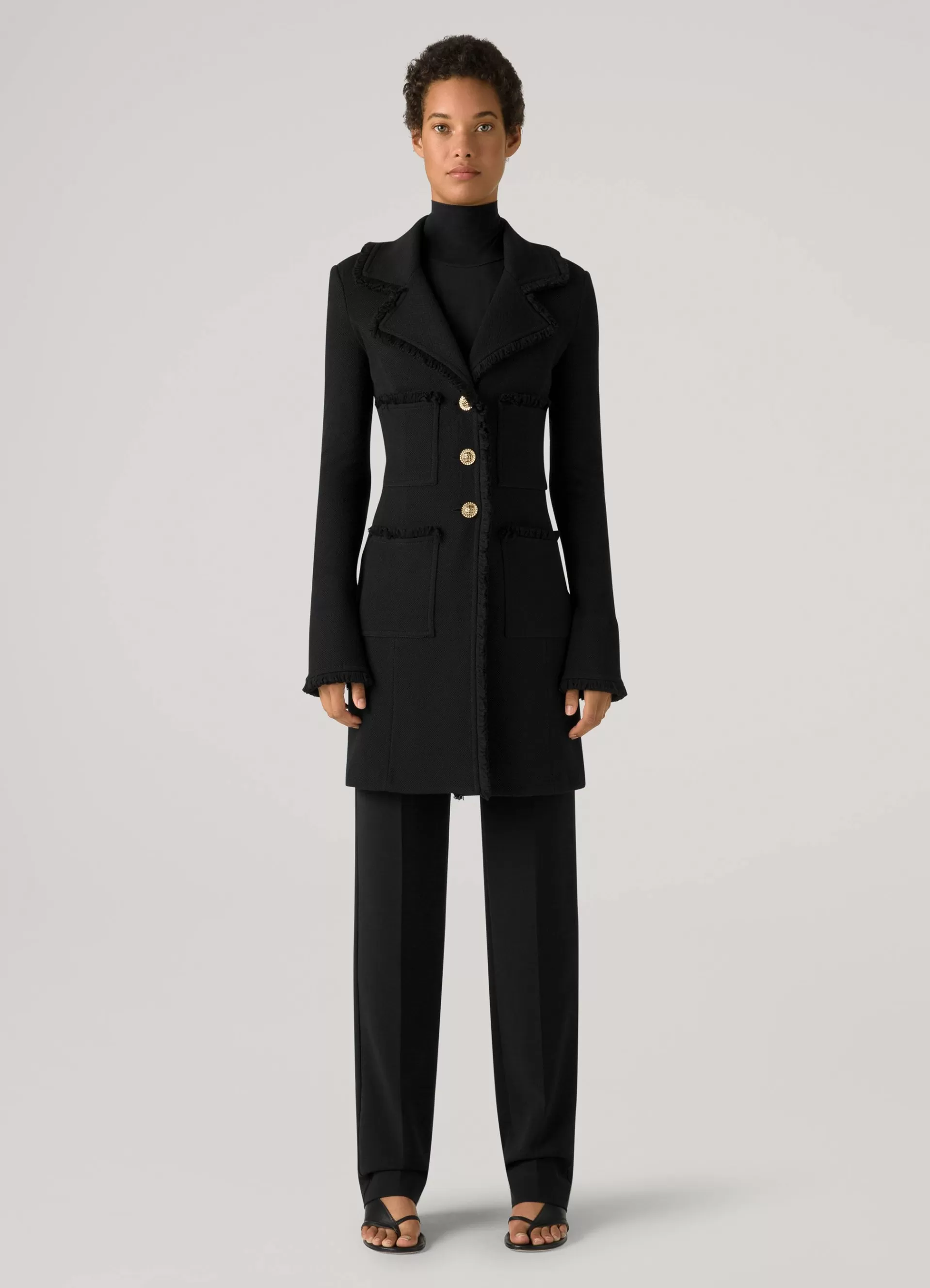 St. John Milano Pique Knit Fit Flare Topper With Knit Fringe Trim | JACKETS | JACKETS & COATS